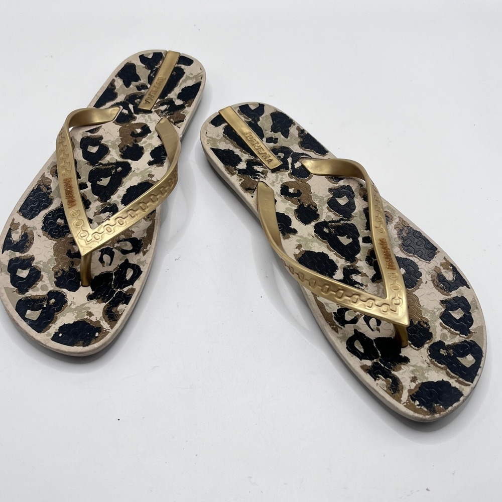 Ipanema Womens Leopard Print Flip Flop Sandals Gold Thong Size 8 Made in Brazil